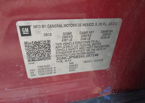 2019 Chevrolet Trax Lt z USA, uszkodzony, nr VIN 3GNCJPSB1KL157146